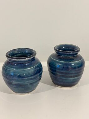 Studio Art pottery SET OF TWO mini vases signed bottom blue glaze 2.5" tall